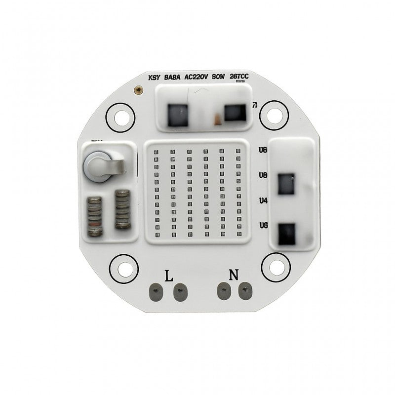 Chip LED COB 50W verso, pad-uri de contact L si N vizibile, componente electronice integrate
