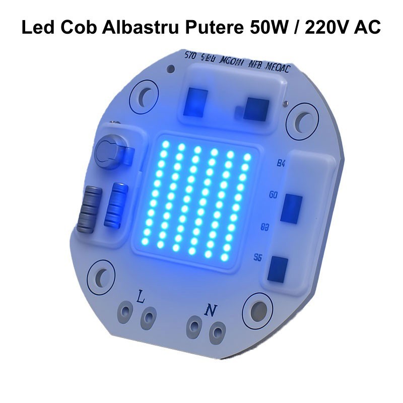 Chip LED COB 50W albastru 220V AC, lumina albastra intensa 2500-3000 lm, format octogonal compact