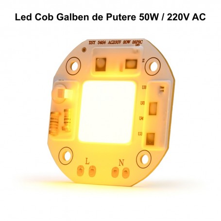 Chip LED COB 50W aprins, lumina galbena pura ~590nm, flux 3000-3500 lm, alimentare 220V AC