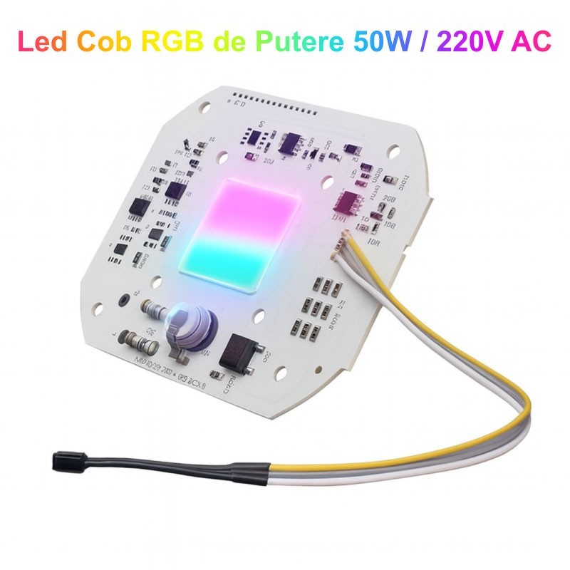 Chip LED COB RGB 50W, 220V AC, flux 3000-4000 lm, placa PCB compacta 86x73mm cu conectori RGB