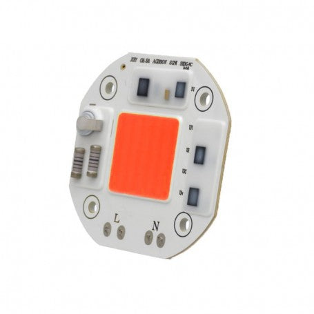 Chip LED COB 50W rosu 220V AC, vedere laterala cu PCB si borne L/N integrate