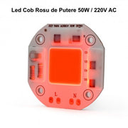 Chip LED COB 50W lumina rosie 620-630nm, alimentare directa 220V AC, format compact cu gauri de prindere
