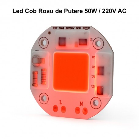 Chip LED COB 50W lumina rosie 620-630nm, alimentare directa 220V AC, format compact cu gauri de prindere