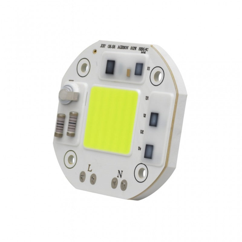 Cip LED COB 50W lateral, vizibil substratul alb si componentele electronice integrate pe PCB