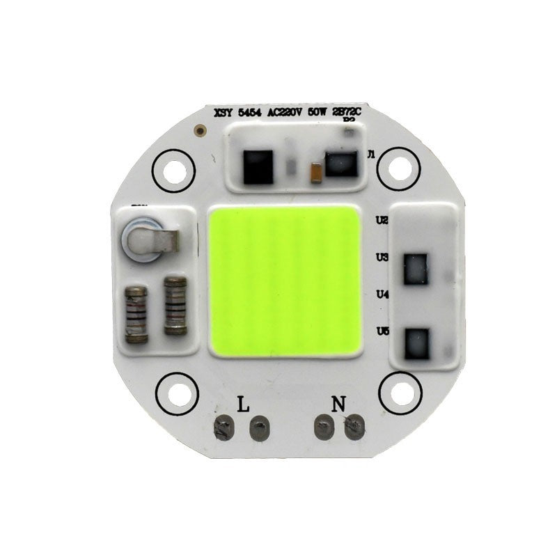 Cip LED COB 50W vedere de sus, lumina verde intensa, conexiuni L si N marcate pe placa