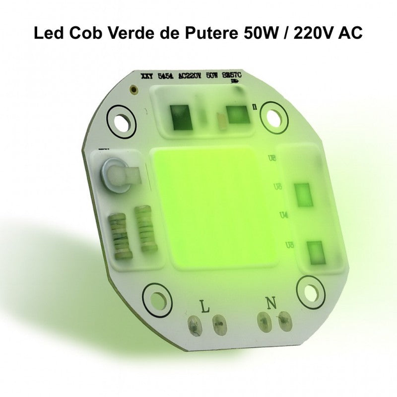 Modul LED COB verde 50W 220V AC aprins, emit lumina vibranta, constructie octogonala compacta