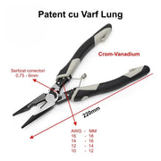 Patent cu varf lung multifunctional CR-V 220mm, sertizare conectori 0,75-6mm, otel crom-vanadium, maner ergonomic antialunecare