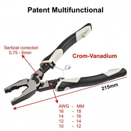Patent multifunctional crom-vanadiu 215mm cu detalii sertizare conectori si scara AWG, vedere frontala
