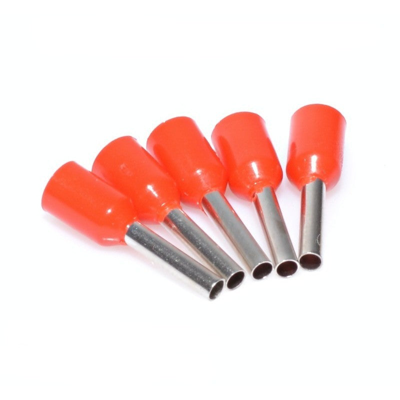 Pin terminal izolat rosu pentru cablu 1mm², lungime pin 8mm, set 5 bucati vizibile pe fond alb