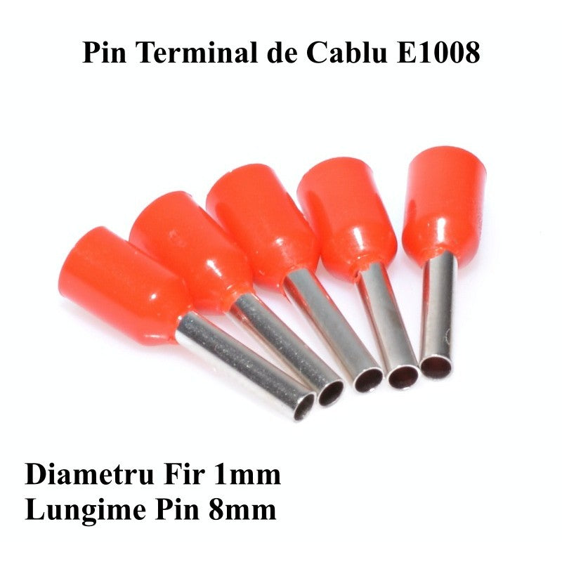 Pin terminal cablu 1mm², pin 8mm, izolatie rosie - detaliu specificatii tehnice