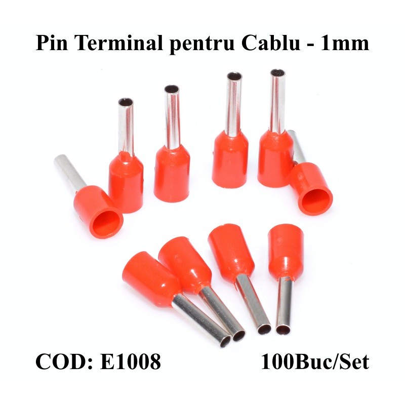 Pini terminali rosii 1mm² lungime 8mm, set 100 bucati, vedere din multiple unghiuri