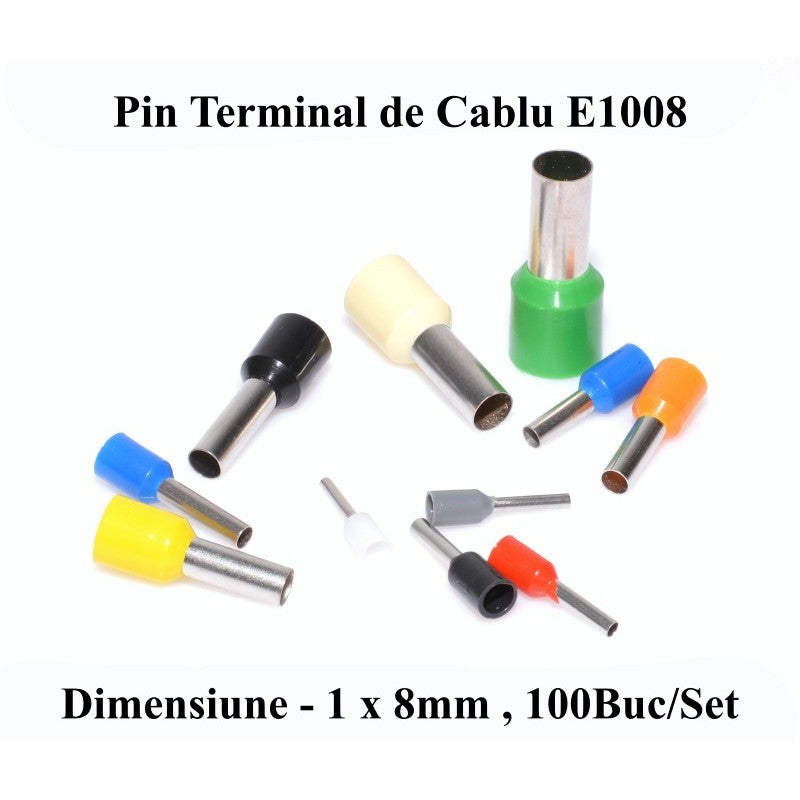 Pini terminali izolati 1x8mm in multiple culori, set 100 bucati, comparatie dimensiuni