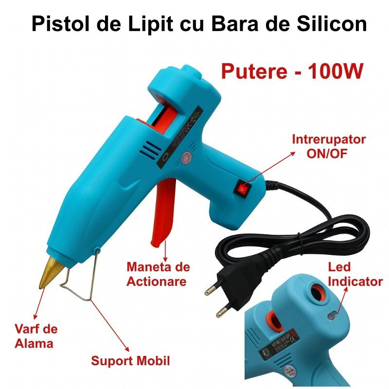 Pistol de lipit silicon 100W, bara 11mm, varf alama, suport mobil, intrerupator ON/OFF si LED indicator