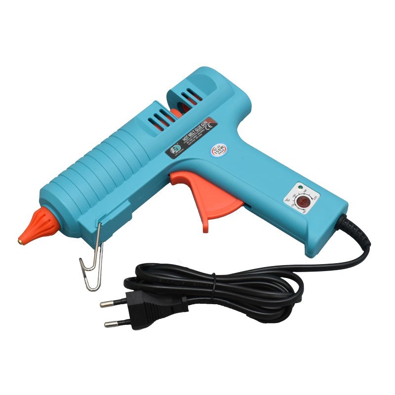 Pistol de lipit cu bara silicon 150W, vedere laterala cu suport metalic si cablu de alimentare