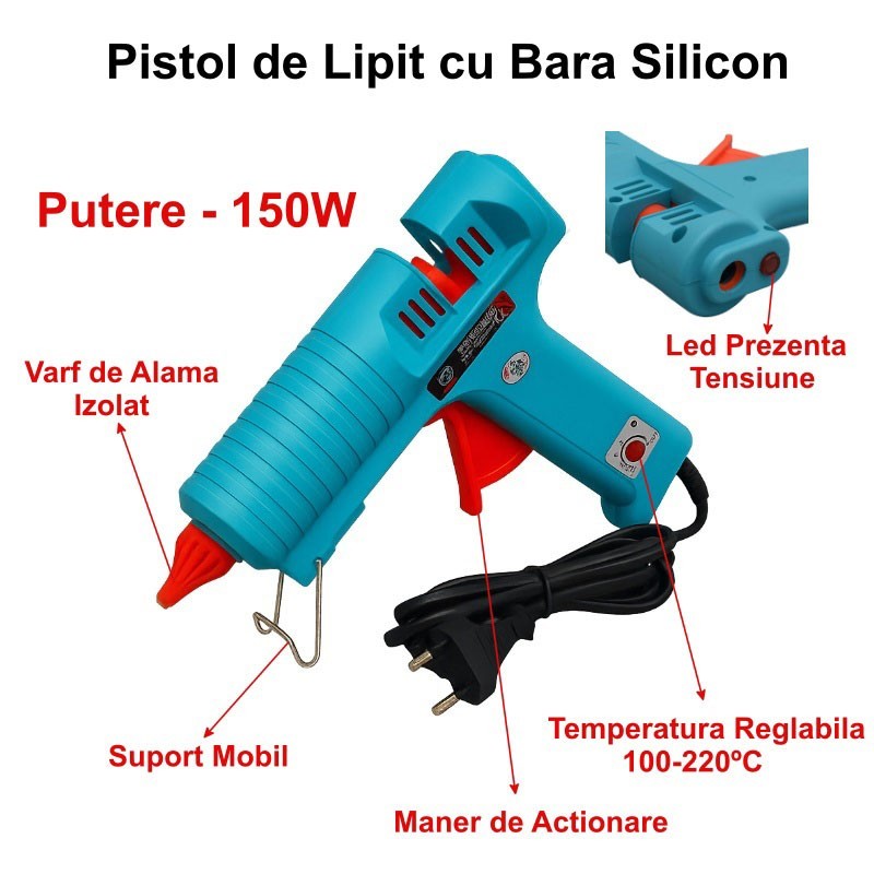 Pistol de lipit silicon 150W, temperatura reglabila 100-220°C, varf alama izolat si suport mobil inclus