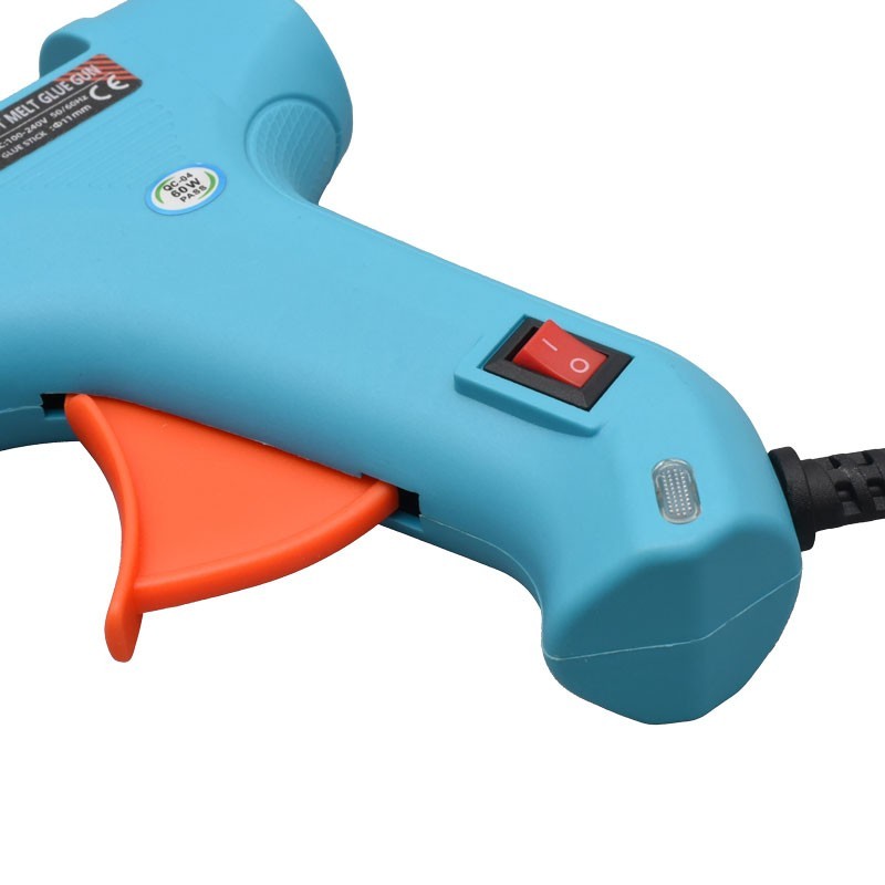 Pistol de lipit cu silicon, detaliu intrerupator ON/OFF si indicator LED lateral, putere 60W