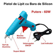 Pistol de lipit cu silicon 60W, varf aluminiu, suport mobil integrat, intrerupator ON/OFF si indicator LED