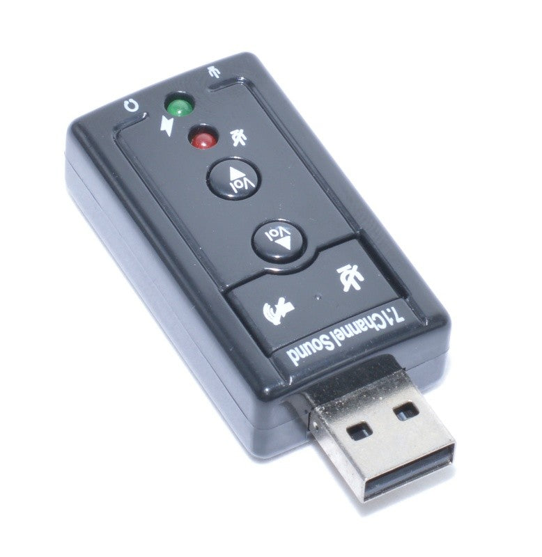 Placa de sunet USB cu conector tip A evidentiat, butoane volum si LED-uri de stare