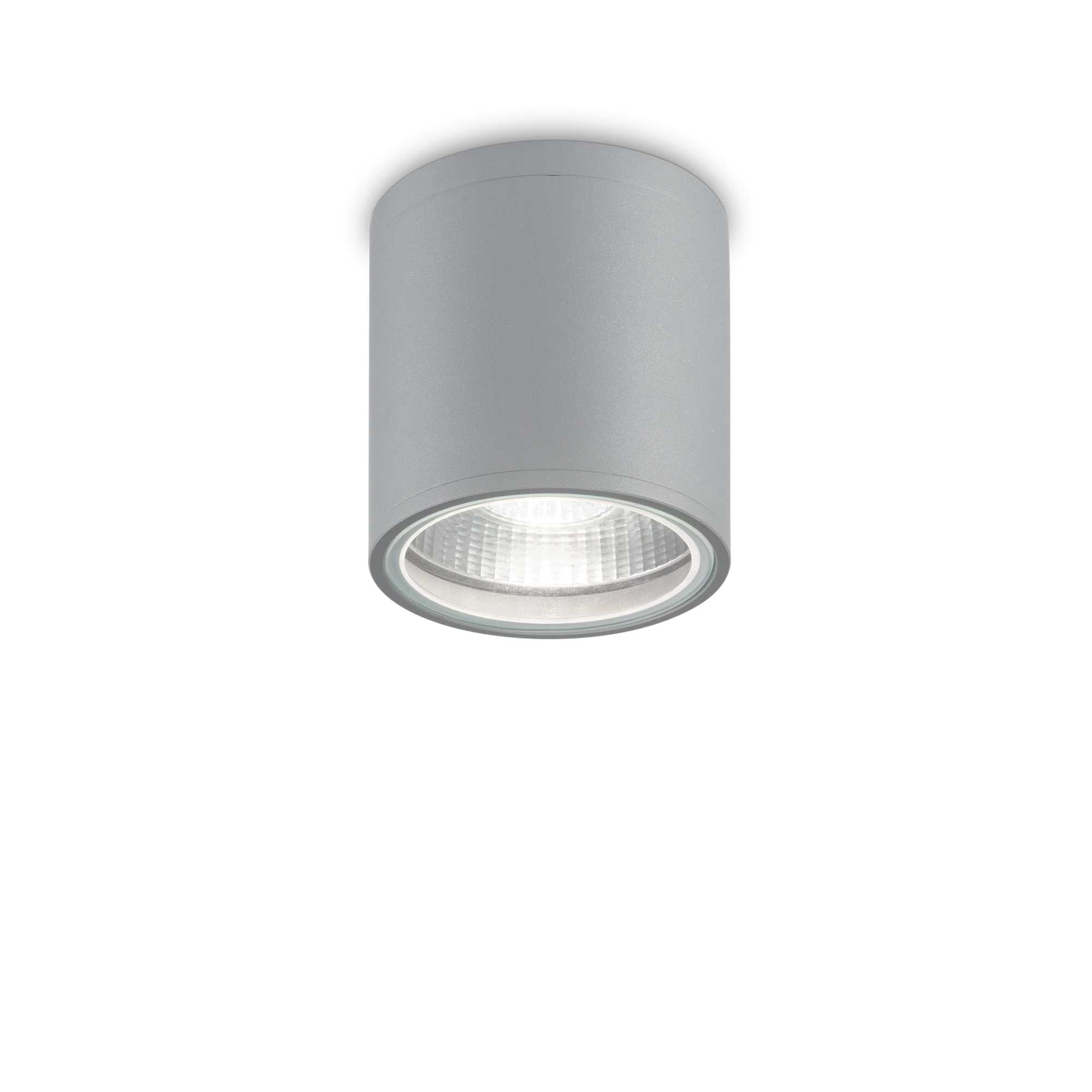 Plafoniera LED aplicata pe tavan, corp cilindric din aluminiu gri, montaj exterior, IP44, design compact industrial