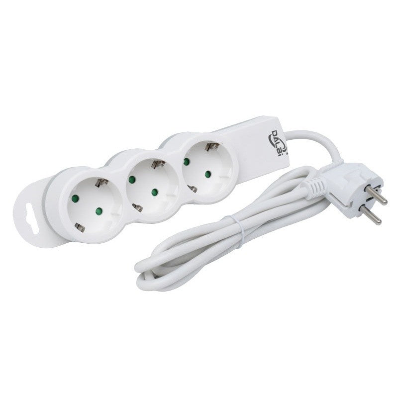 Prelungitor electric 3 prize cu cablu 10m, vedere completa din unghi lateral cu stecher Schuko