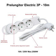 Prelungitor electric 3 prize Schuko, 2500W, cablu 3x1mm 10m, protectie copii si material ABS ignifug