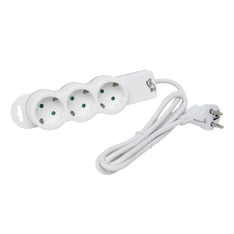 Prelungitor 3 prize Schuko 10A, vedere de sus cu cablu 1.5m intins si stecher Schuko