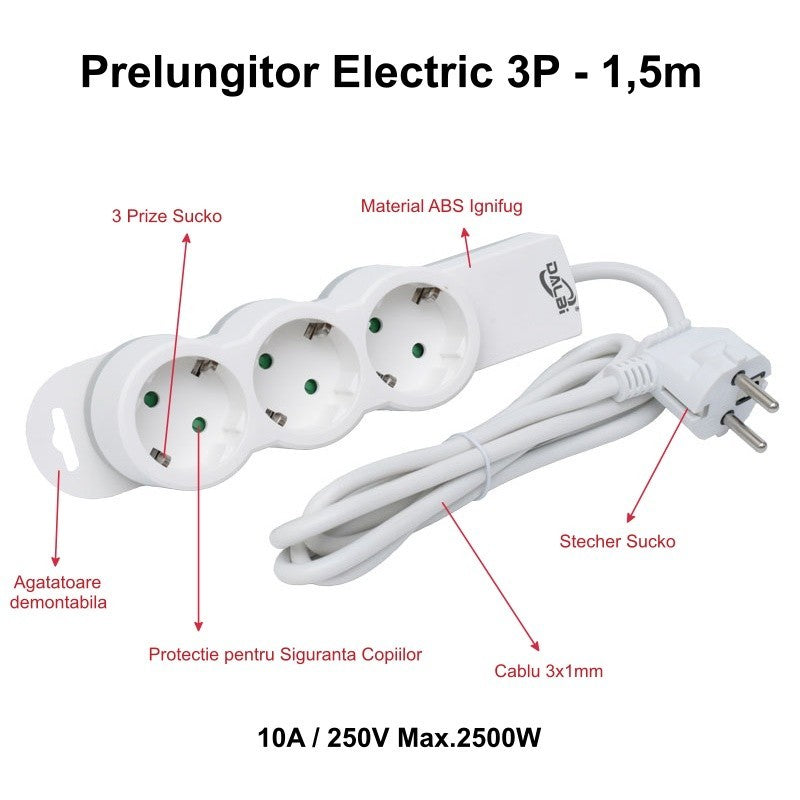 Prelungitor electric 3 prize Schuko, 10A/250V max. 2500W, cablu 3x1mm 1.5m, protectie copii, ABS ignifug
