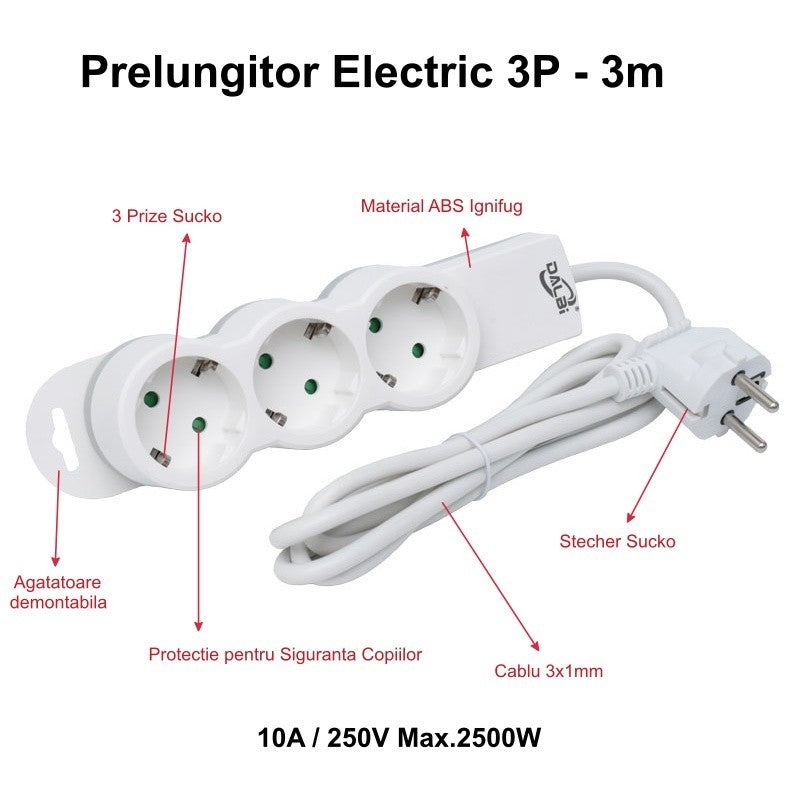 Prelungitor electric 3 prize Schuko, cablu 3x1mm 3m, 10A 250V max 2500W, protectie copii si agatator demontabil