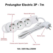 Prelungitor electric 3 prize Schuko, cablu 3x1mm 7m, 2500W, protectie copii si agatatoare demontabila