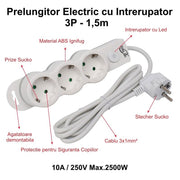 Prelungitor electric 3 prize Schuko cu intrerupator LED, protectie copii, cablu 3x1mm², 10A/250V, max 2500W