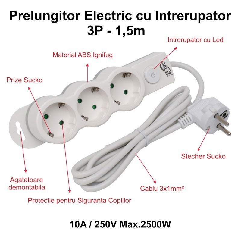 Prelungitor electric 3 prize Schuko cu intrerupator LED, protectie copii, cablu 3x1mm², 10A/250V, max 2500W