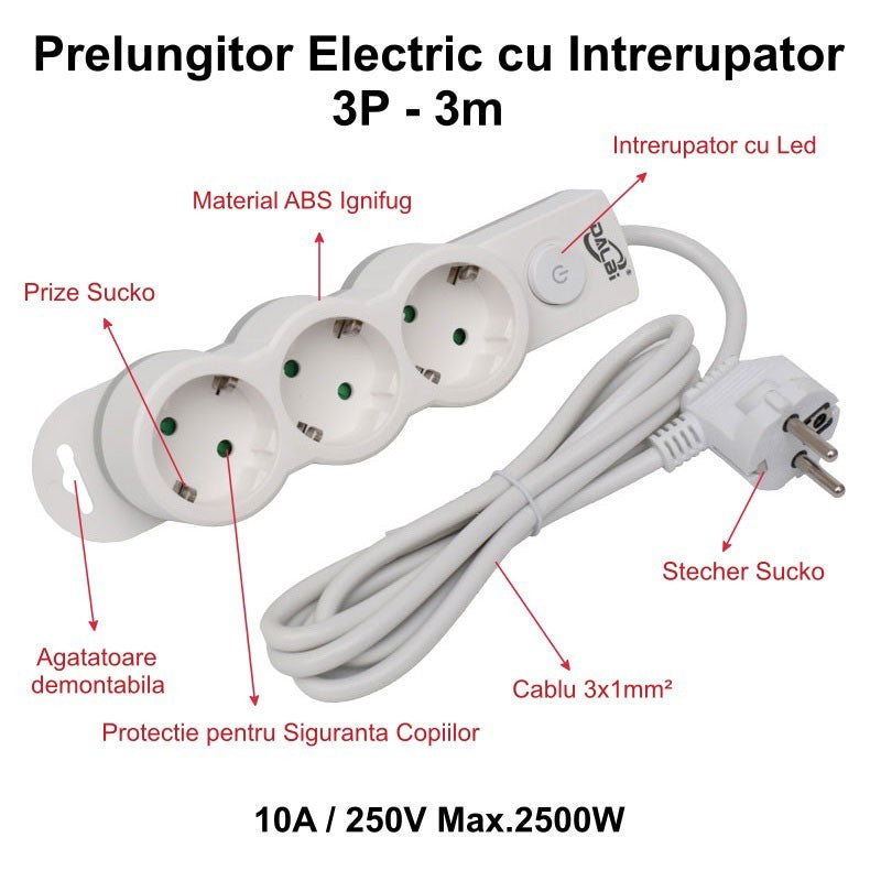 Prelungitor electric 3 prize Schuko cu intrerupator LED, cablu 3m, 10A 250V 2500W, protectie copii ABS ignifug