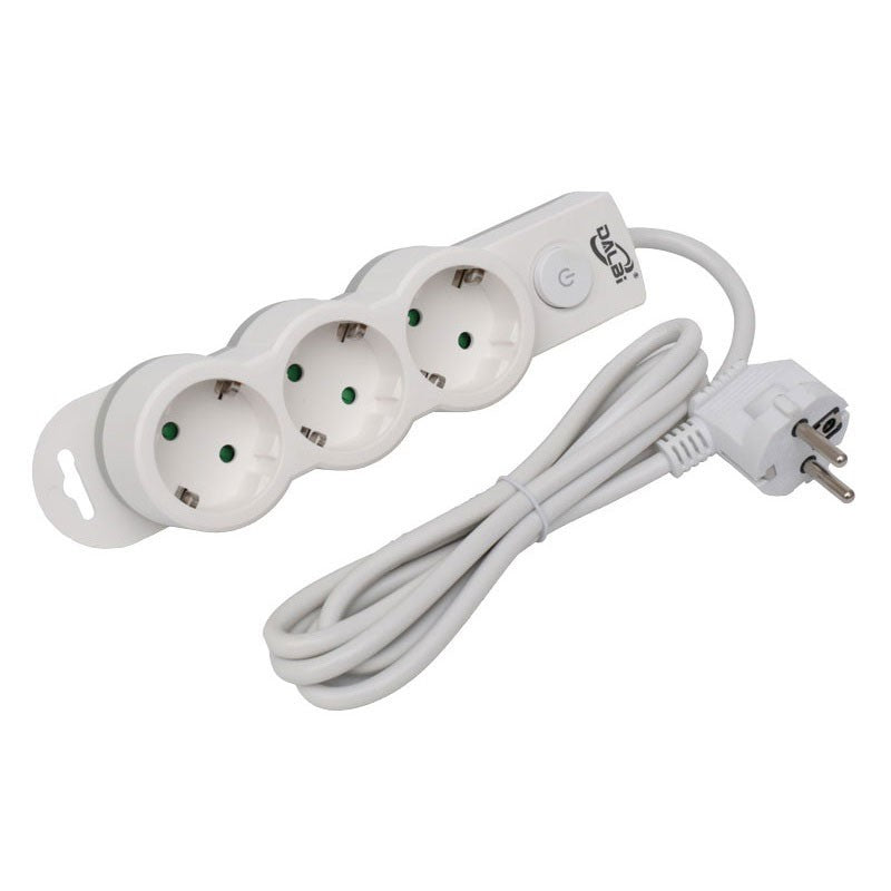 Prelungitor electric 3 prize Schuko cu intrerupator, 2500W max, cablu 5m, vedere frontala