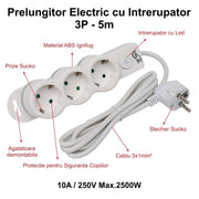 Prelungitor electric 3 prize cu intrerupator LED, cablu 5m, 10A/250V, protectie copii, material ABS ignifug