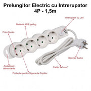 Prelungitor electric 4 prize Schuko cu intrerupator LED, cablu 3x1mm 1.5m, protectie copii, material ignifug