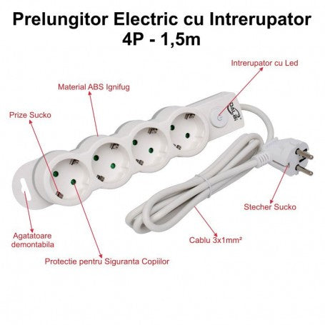 Prelungitor electric 4 prize Schuko cu intrerupator LED, cablu 3x1mm 1.5m, protectie copii, material ignifug