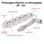 Prelungitor electric 4 prize Schuko cu intrerupator LED, cablu 3x1mm 3m, protectie copii, material ABS ignifug