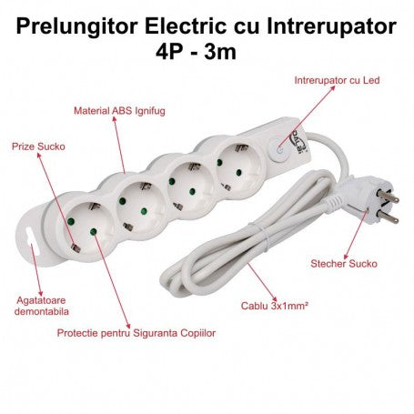 Prelungitor electric 4 prize Schuko cu intrerupator LED, cablu 3x1mm 3m, protectie copii, material ABS ignifug