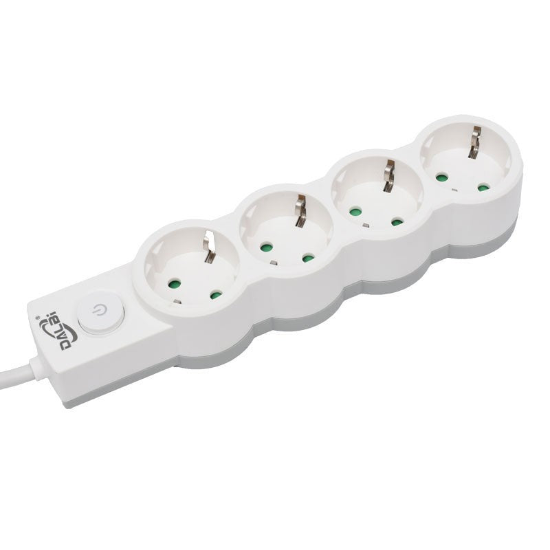 Prelungitor electric 4 prize Schuko cu intrerupator rotund, vedere apropiata din unghi frontal