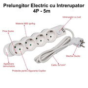 Prelungitor electric 4 prize Schuko cu intrerupator LED, cablu 3x1mm 5m, protectie copii si agatatoare demontabila