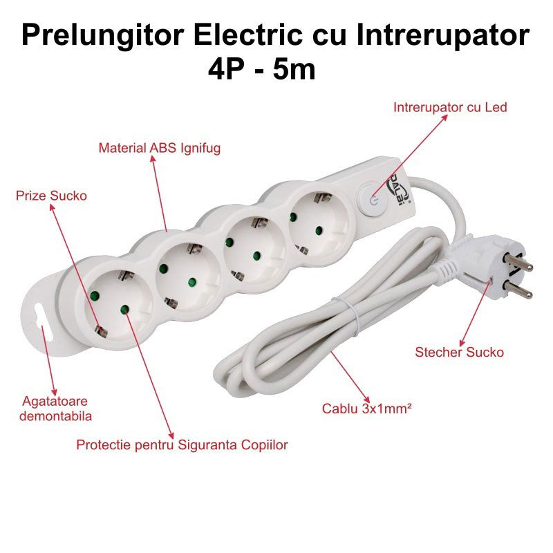 Prelungitor electric 4 prize Schuko cu intrerupator LED, cablu 3x1mm 5m, protectie copii si agatatoare demontabila