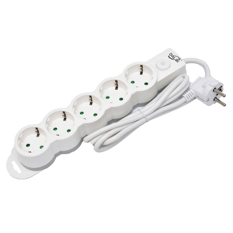 Prelungitor electric 5 prize Schuko cu intrerupator, vedere din fata, cablu 1.5m