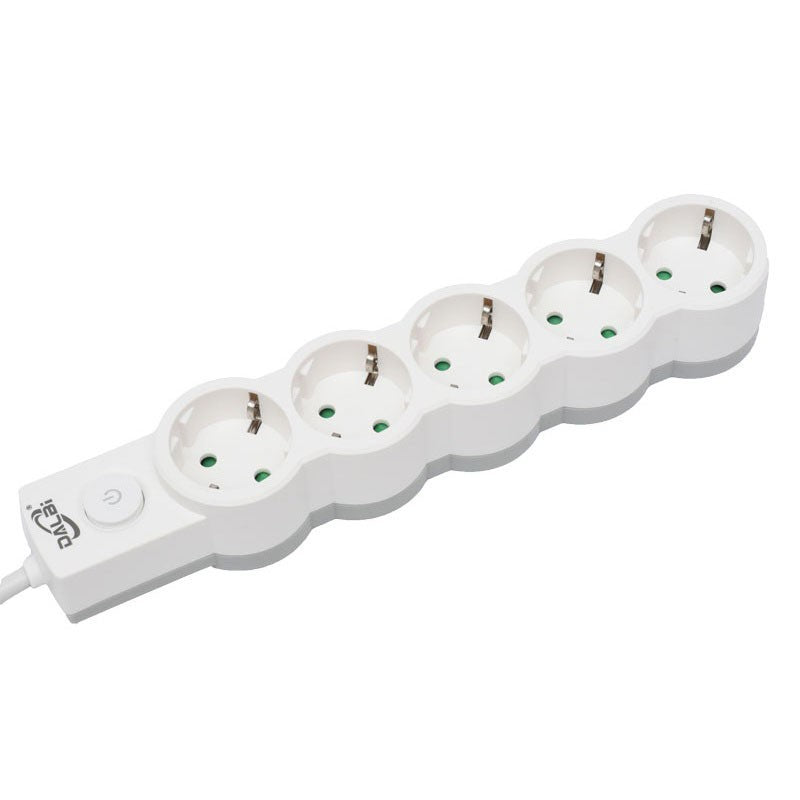 Prelungitor electric 5 prize Schuko 2500W, vedere frontala cu prize si intrerupator LED