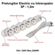 Prelungitor electric 5 prize cu intrerupator LED, 10A 250V 2500W, cablu 3x1mm 1.5m, protectie copii