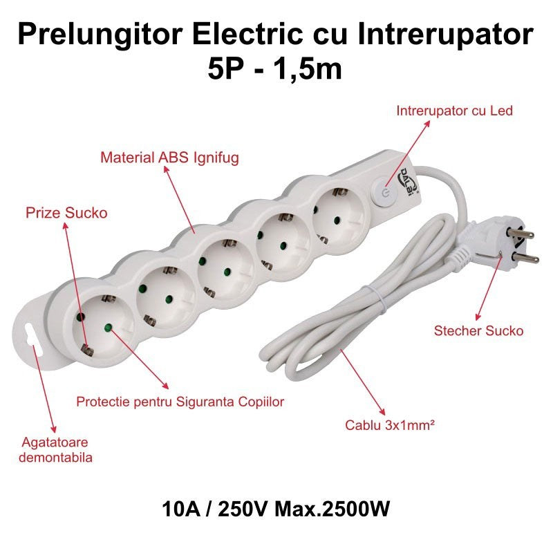 Prelungitor electric 5 prize cu intrerupator LED, 10A 250V 2500W, cablu 3x1mm 1.5m, protectie copii