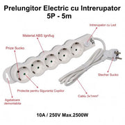 Prelungitor electric 5 prize Schuko cu intrerupator LED, cablu 3x1mm 5m, 10A 250V 2500W, protectie copii