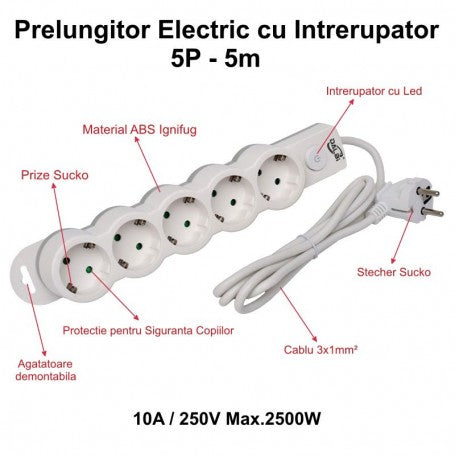 Prelungitor electric 5 prize Schuko cu intrerupator LED, cablu 3x1mm 5m, 10A 250V 2500W, protectie copii