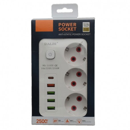 Prelungitor 3 prize 2500W cu porturi USB PD si QC3.0, ambalaj original, 10A 250V