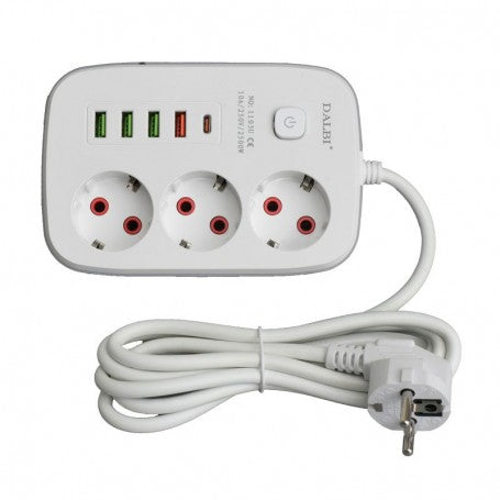 Prelungitor multifunctional 3 prize cu USB, cablu 2m si stecher Schuko, vedere completa