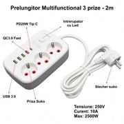 Prelungitor 3 prize cu 4 porturi USB, PD20W, QC3.0, intrerupator LED, 250V 10A 2500W, cablu 2m